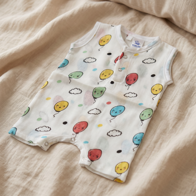 muslin romper balloon clouds